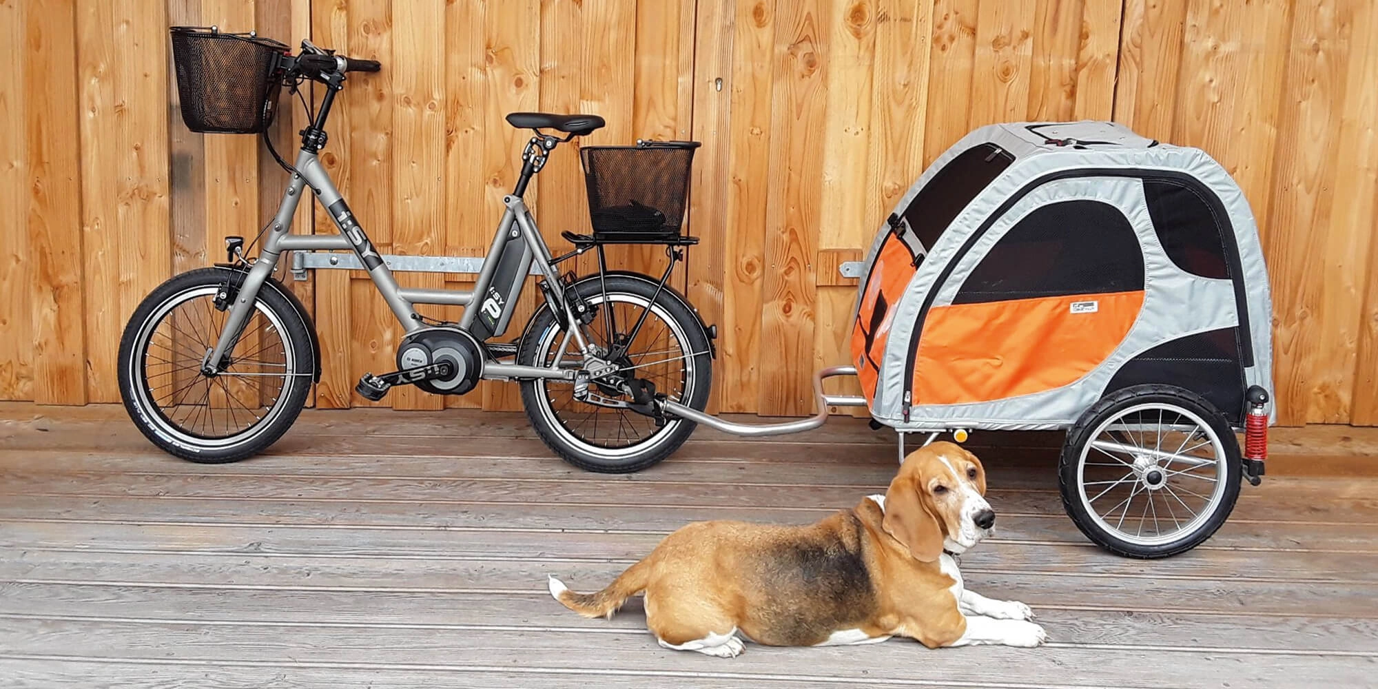 ein 20 Zoll Fahrrad an dem der Comfort Wagon montiert ist, davor liegt ein Beagle auf dem Boden